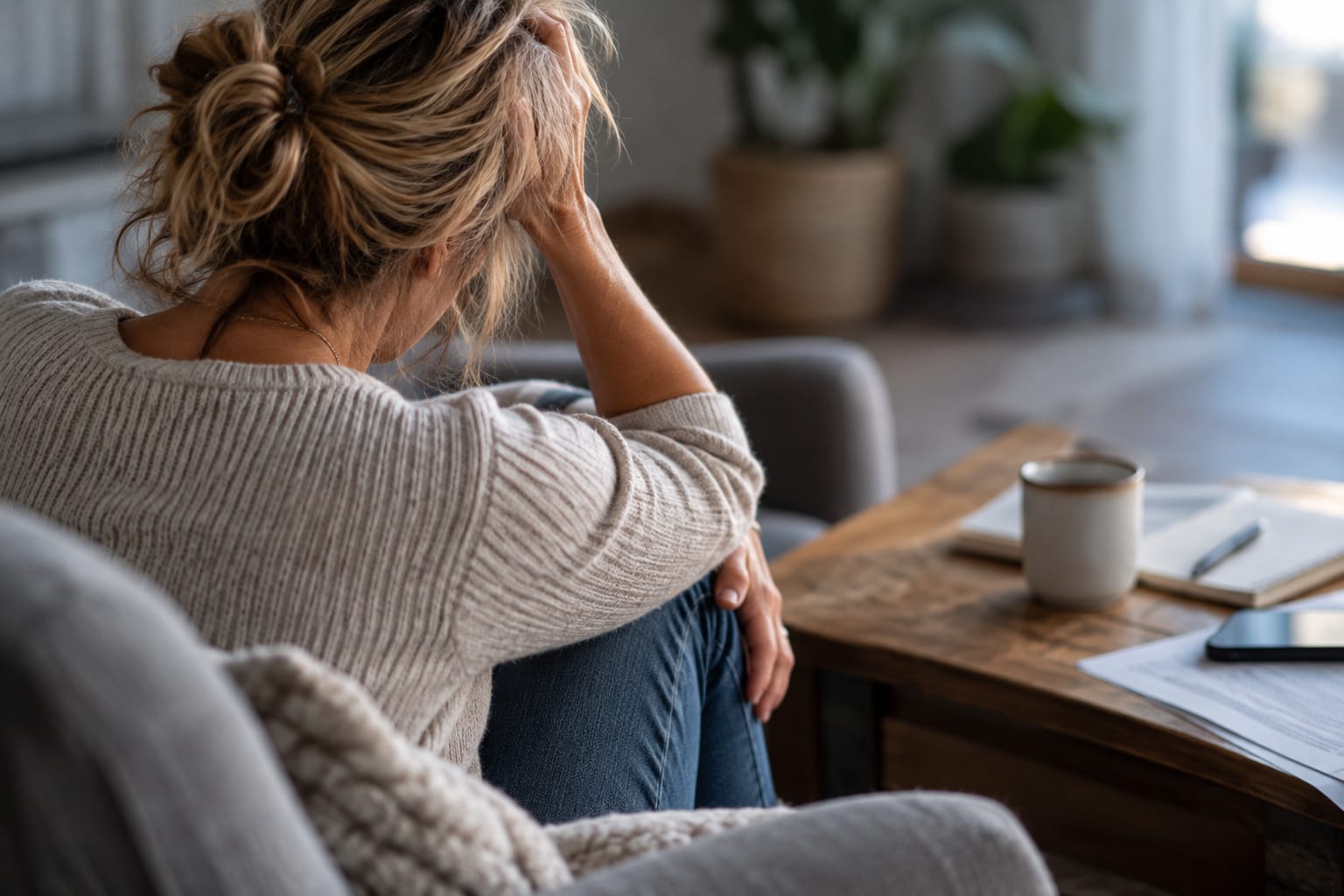 Vrouw neemt een moment voor zichzelf op de bank