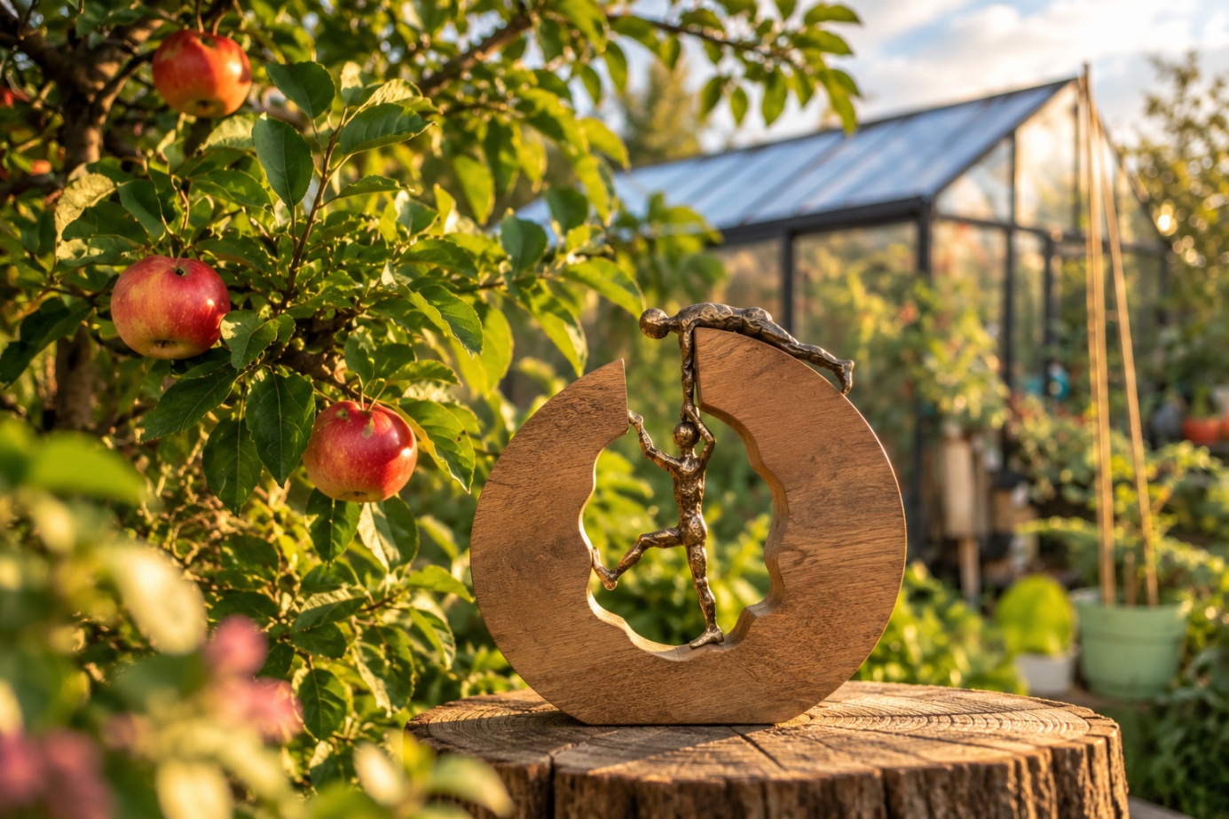 Beeld van twee figuren tussen een appelboom en een kas